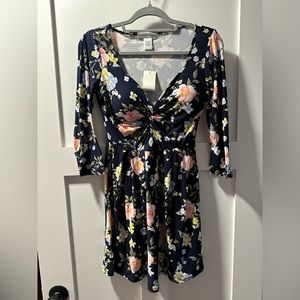 3/4 sleeve blue floral dress